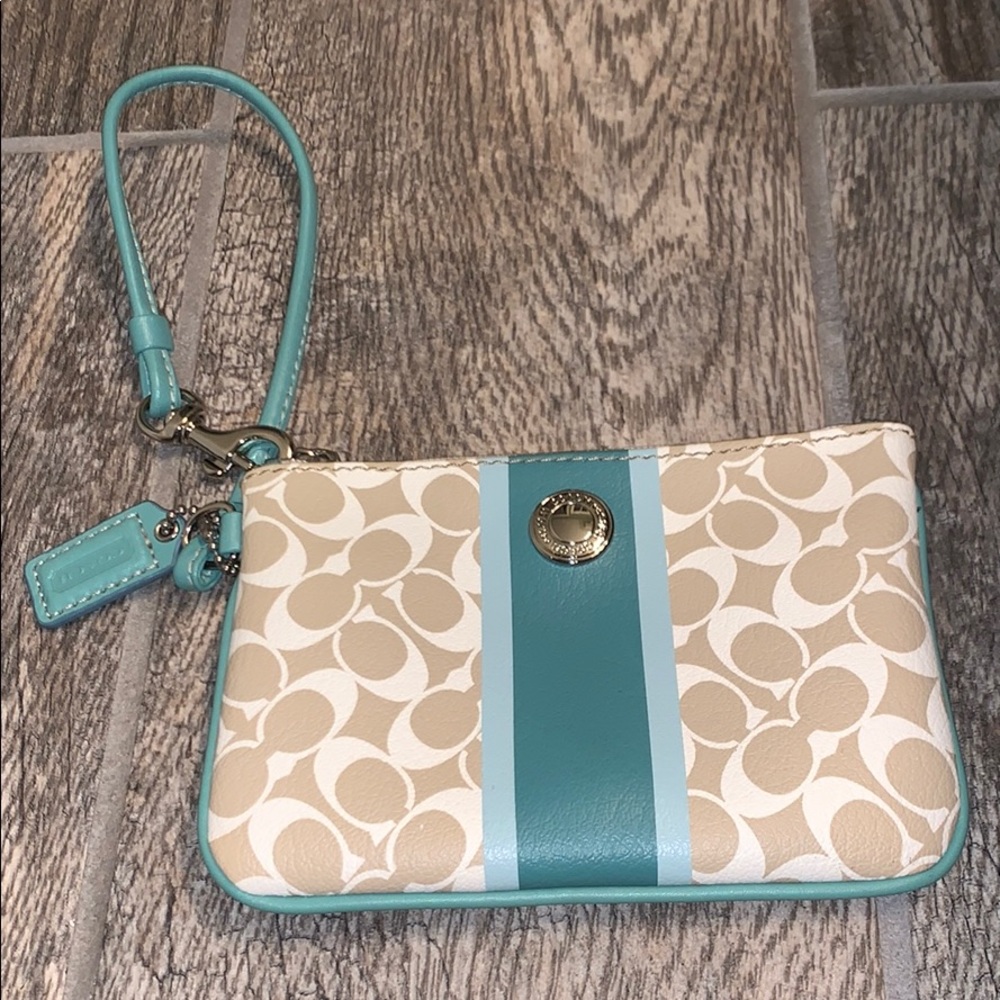 Coach tan and turquoise monogram wristlet, NWOT